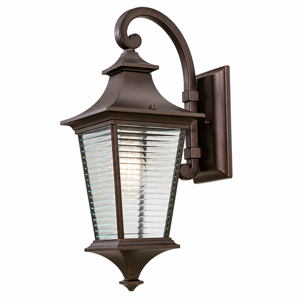 Premium Dark Brown Outdoor Wall Lantern | Waterproof Die-Cast Aluminum Wall Sconce with Ribbed Glass | Exterior Light for Villa, Garden, Gate & Entrance