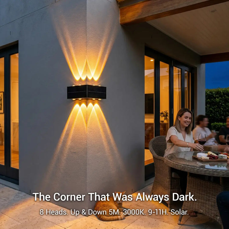 8-Head Solar LED Corner Wall Light – Waterproof IP65 Outdoor Up & Down Light for Villa, Garden, Fence & Patio