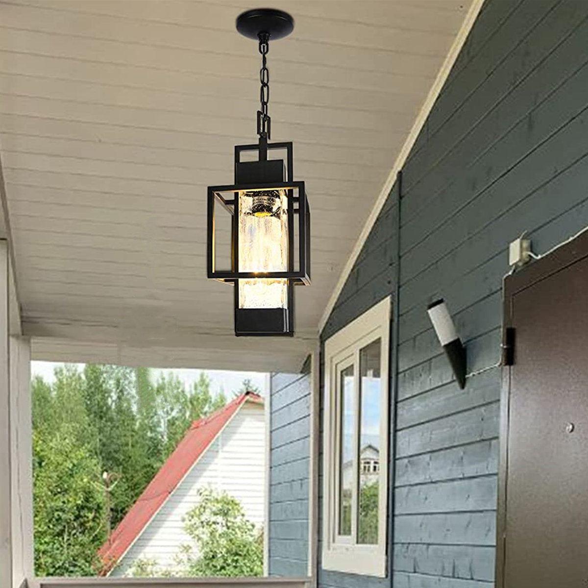 Modern Black Outdoor Hanging Pendant Lantern Light – Waterproof E27 Exterior Ceiling Light for Villa, Garden, Porch &